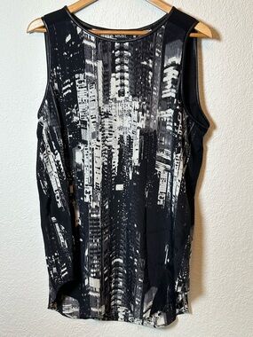 DKNY Black and White City Scape Printed Tunic Blouse
